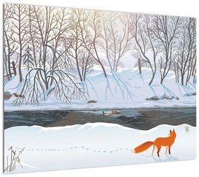 Obraz na szkle - Lis w zimowym krajobrazie (70x50 cm)
