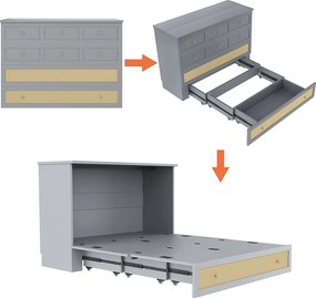 Łóżko Murphy'ego Mobilne - 140 x 200 cm - z 6 szufladami + półką w zagłówku + USB - MDF - szare
