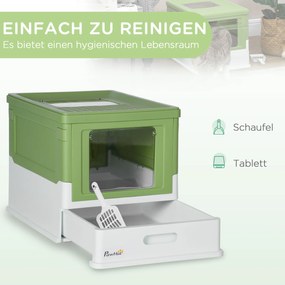 PawHut Kuweta dla Kota, Składana, z 2 Drzwiami i Łopatką, 47,5x35,5x36,7cm, Biały/Zielony