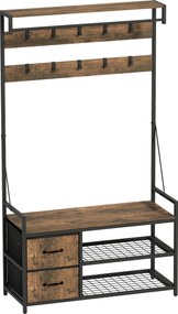 HOMCOM Stojak na ubrania 6 w 1 z ławką i regałem na buty, styl przemysłowy, 10 haków, 2 szuflady z tkaniny, metal, Brązowy