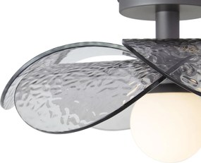 Designerska lampa sufitowa srebrna z przydymionym, żebrowanym szkłem - Kemner