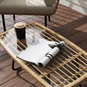 Outsunny Stolik Ogrodowy z Polirattanu, 90 x 50 x 45 cm, UV-Odporny z Blatem ze Szkła Naturalny