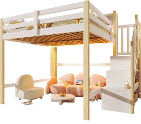 Łóżko na antresoli 140x200cm - z oświetleniem LED - z drabiną z pojemnikami - Biały + Naturalny​ (materac nie jest wliczony w cenę)