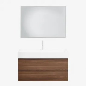 Zestaw Wiszących Mebli Łazienkowych Z Drewna I Forniru Jesionowego Zintegrowany Z Umywalką Ona Prostokątna Lampa Led I Przeciwmgielna 100x70 Cm Riben