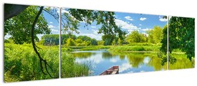 Obraz letniej rzeki z łodzią (170x50 cm)