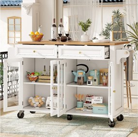 Biała wyspa kuchenna - Wózek kuchenny z 2 szufladami i 4 szklanymi drzwiami - półka na przyprawy i wieszak na ręczniki