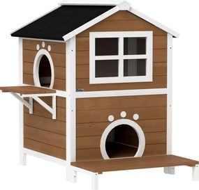 PawHut Zewnętrzna chatka dla kota z wodoodpornym dachem, oknem, balkonem, wymiennym dnem, na 2 poziomy, dla 1-2 kotów, Brąz