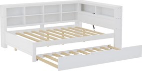 Łóżko wysuwane 140 x 200 cm + 90 x 190 cm z portem USB i regałem na książki - Drewno lite - Białe (bez materaca)