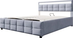 Łóżko z pojemnikiem 180x200 cm z oświetleniem LED, stelaż listwowy - szary welur - bez materaca