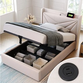 Łóżko ze schowkiem 90x200 cm - beżowy len - łóżko młodzieżowe z gniazdem ładowania USB - rama z listew - bez materaca