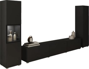 Meblościanka do salonu z oświetleniem LED, zestaw wisząco-stojący z szafką RTV 180 cm, witryną i słupkiem, korpus czarny mat