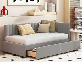 Łóżko tapicerowane welurowe 90x200cm - z 2 dużymi szufladami i stelażem na listwy - Szare
