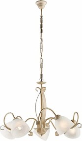 Kuty żyrandol z lakierowanego żelaza w kolorze kości słoniowej, dekor stare złoto, klosze z białego szkła alabastrowego Ø13 cm, 5 świateł, Ø64 cm