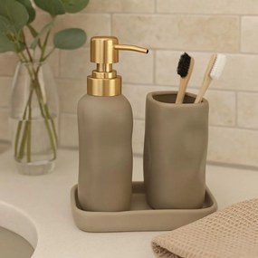 Zestaw łazienkowy EON, ceramiczny dozownik ze złotą pompką, kubek i taca
