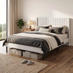 HOMCOM Rama łóżka 140 x 200 cm z regulowanym wezgłowiem, łóżko tapicerowane z 12 listwami, beżowe | Aosom PL