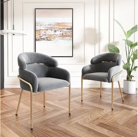Zestaw 2 krzeseł do jadalni z szarego aksamitu z tapicerowanym oparciem i złotymi metalowymi nogami