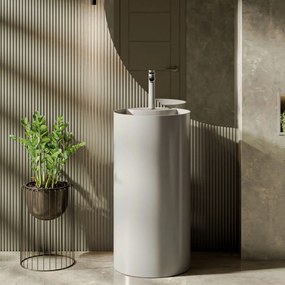 Umywalka z konglomeratu wolnostojąca okrągła szara błyszcząca 87 x 44 cm KALMI GREY GLOW z otworem na baterie : Podłączenie syfonu - Do podłogi