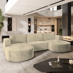 Masseno Narożnik VEZZO z funkcją spania i pojemnikiem na pościel Narozniki U, Rozkładana sofa - Kremowy, MONOLITH 04