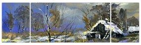 Obraz chaty w zimowym krajobrazie, obraz olejny (170x50 cm)