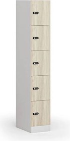 Szafka skrytkowa S1, 5 schowków, 1850 x 300 x 500 mm, demontaż, zamek mechaniczny z kodem, drzwi laminowane, dąb naturalny