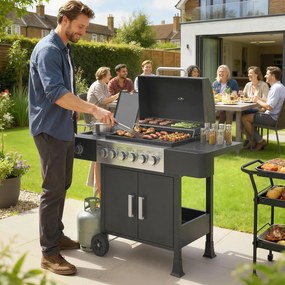 Outsunny Grill gazowy 17,8 kW 6+1 palników Wózek BBQ ze stali nierdzewnej z kółkami Palnik boczny Termometr Emaliowany ruszt | Aosom PL