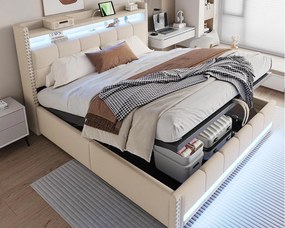 Miękko wyściełane łóżko ze schowkiem 180x200 cm - z oświetleniem LED - z portem USB - len - beżowe (materac nie wliczony w cenę)