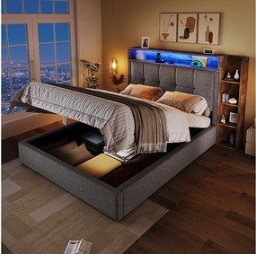 Łóżko tapicerowane z pojemnikiem - 90 x 200 cm - z portem USB, oświetleniem LED, zagłówkiem i półką - len - szary