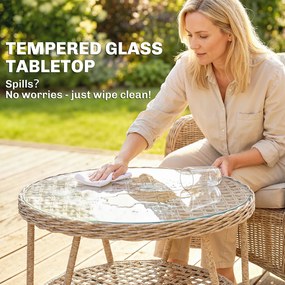 Outsunny Stolik boczny z rattanu PE, dwupoziomowy stolik kawowy z półką, szkło, regulowane nóżki, 65 x 65 x 50 cm, żółty | Aosom PL