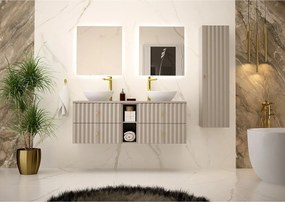 Kaszmirowy Zestaw Łazienkowy 140cm Szafka z Blatem Umywalka Regał Słupek Ryflowane Fronty Aqua