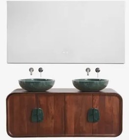 Zestaw Podwójnej Wiszącej Szafki Łazienkowej 130x45 Cm Z Drewna Mango I Naturalnego Kamienia Kivalina Zielony Marmur Udaipur - Sklum