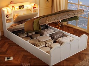 Łóżko z pojemnikiem 90x200 cm - z portem USB Type-C - z oświetleniem LED - wielofunkcyjne miejsce do przechowywania - biały​ (materac nie jest wliczony w cenę)