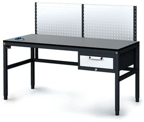 Antystatyczny stół warsztatowy ESD z panelem perforowanym, 1 skrzynka szufladowa na narzędzia, 1600 x 800 x 745-985 mm