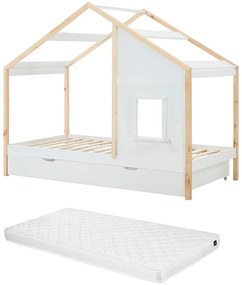 Łóżko domek 90 x 190 cm z szufladą - Sosna i MDF - Kolor: Biały i naturalny + Materac - RINELYA
