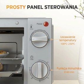 HOMCOM Minipiekarnik 9L, Mini piekarnik z blachą, rusztem, regulowaną temperaturą i czasem pieczenia, stal nierdzewna, srebrny