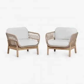 Zestaw 2 Foteli Z Aluminium I Drewna Akacjowego Karvia Jasny Akacjowy Brąz & Tkaniny Biała - Sklum