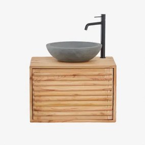 Zestaw Wiszących Mebli Łazienkowych 60x45 Cm Z Drewna Deleyna Naturalna & Okrągły Szary Cement Ø40 Cm Tarsis & Bezlusterkowiec & Czarny Matowy ↑30 Cm