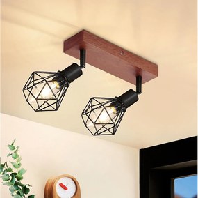 NETTLIFE 2 Vintage Black Wood Sufitowe reflektory E14 Regulowane 350° w metalu, Oświetlenie sufitowe do kuchni, salonu, sypialni, maks. 25 W