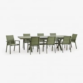 Zestaw Stołu Prostokątnego 240-300x100 Cm Rozkładanego Oraz 8 Sztaplowanych Krzeseł Ogrodowych Z Podłokietnikami Z Aluminium Kar Intensywny Verde Oliv