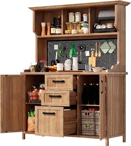 Drewniana szafka ogrodowa - 125 x 50 x 185 cm - z 3 szufladami + 3 przegrodami + metalowy panel perforowany - naturalny