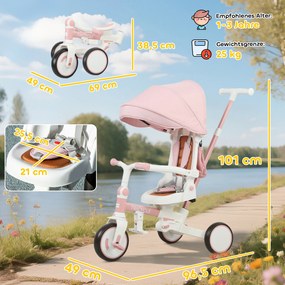 AIYAPLAY Trójkołowiec dla dzieci, zmienny wózek dla niemowląt, design 5-w-1, zdejmowany uchwyt, regulowany, pas bezpieczeństwa, torba na akcesoria, 1-3 lata, Różowy
