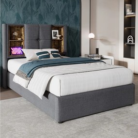 Łóżko z pojemnikiem 90 x 200 cm i zagłówkiem ze schowkiem - Gniazda USB i typu C - Tkanina bawełniana - Kolor szary