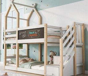 Łóżko piętrowe kabinowe 90x200cm ze schodami do przechowywania i tablicą - podstawy z listew - Białe