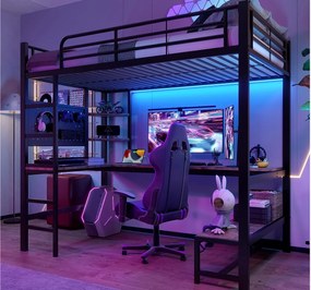 Łóżko mezzanine 90x200cm - z biurkiem + balustradą - z portami USB + Type-C - z taśmą świetlną LED - czarne