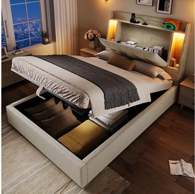 Łóżko tapicerowane z pojemnikiem - 90 x 200 cm - z USB + diodami LED + zagłówek ze schowkiem - len - beż