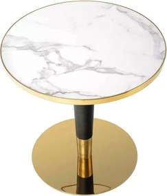 Stół Debor 79 cm w stylu glamour z okleinowanym blatem MDF imitującym marmur na czarnej nodze ze złotymi elementami