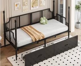 Kanapa rozkładana z kutego żelaza 90x200 cm - z 2 szufladami - konstrukcja metalowa - z komorą przechowawczą - czarny