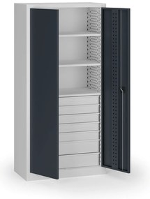 Szafa warsztatowa, 3 półki + 7 szuflad, 1950 × 950 × 500 mm, grafitowe drzwi