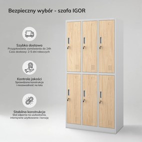 Szafka socjalna ubraniowa BHP szara / dąb sonoma 6-drzwiowa: Eco Design IGOR, 900 x 1850 x 450 mm