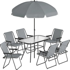 Outsunny Zestaw Mebli Ogrodowych 119 x 68 cm Stół ze Szkła z 6 Składanymi Krzesłami Parasol Wzór Wodny Szary | Aosom PL