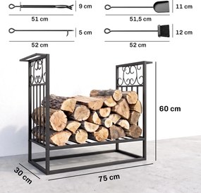 Stojak na drewno kominkowe HOMCOM z akcesoriami, regał na drewno, podstawka na drewno kominkowe, narzędzia kominkowe, Stal Czarny 75 x 30 x 60 cm